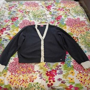 Kate Spade Navy and Cream Cardigan Sweater Scalloped Trim Size XL